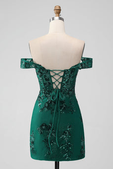 Glitzerndes dunkelgrünes schulterfreies kurzes Homecoming-Kleid mit Pailletten