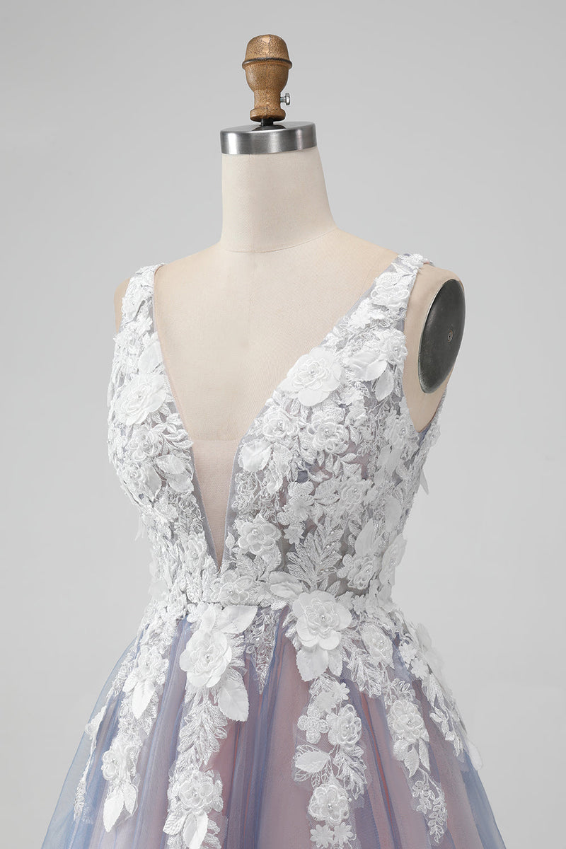 Laden Sie das Bild in den Galerie-Viewer, Elegantes graues rosa A-Linie V-Ausschnitt Blumen Kurzes Homecoming-Kleid mit Perle