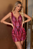 Glitzer Fuchsia Bodycon V-Ausschnitt Rückenfreies kurzes Homecoming-Kleid mit Pailletten