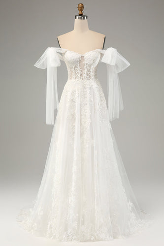 Prinzessin Weißes A-Linien-Tüllkorsett-Brautkleid mit Schnürung und Applikationen Spitze