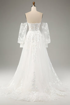 Weißes A-Linien-Tüll-Brautkleid mit langen Ärmeln und Applikationen Spitze