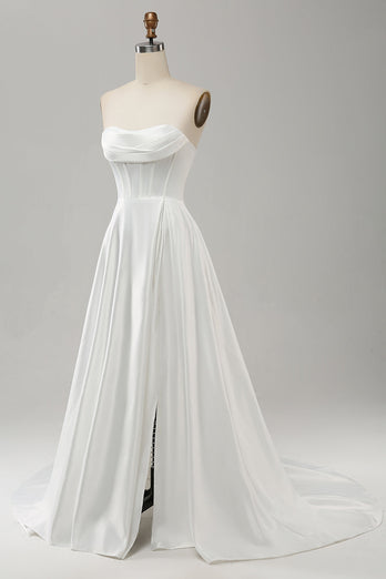 Elegantes weißes trägerloses Brautkleid mit Bundfaltenzug und Schlitz in A-Linie