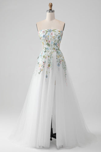 Weißes trägerloses 3D-Blumen-Tüll-Brautkleid mit Schlitz