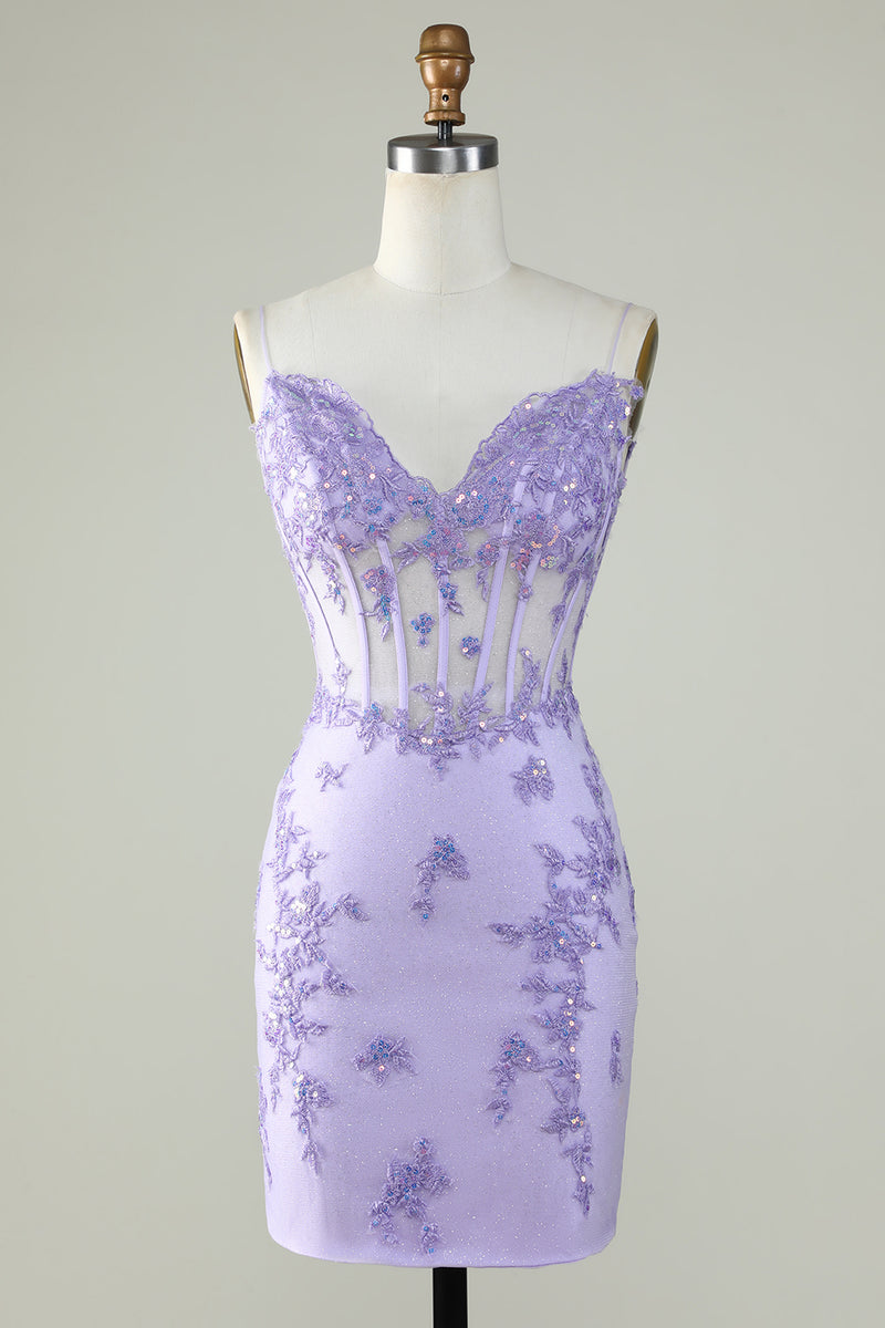 Laden Sie das Bild in den Galerie-Viewer, Glitzerndes lilafarbenes Korsett Abendkleid mit Applikationen