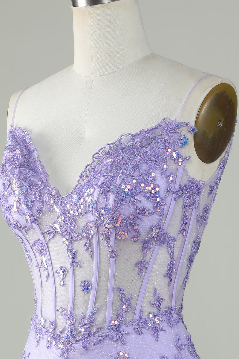 Laden Sie das Bild in den Galerie-Viewer, Glitzerndes lilafarbenes Korsett Abendkleid mit Applikationen