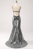 Laden Sie das Bild in den Galerie-Viewer, Schwarzes glitzerndes Meerjungfrauen-Spaghettiträger-Korsett-Ballkleid mit Schlitz