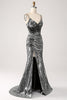 Laden Sie das Bild in den Galerie-Viewer, Schwarzes glitzerndes Meerjungfrauen-Spaghettiträger-Korsett-Ballkleid mit Schlitz