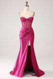 Fuchsia Mermaid Sweetheart Plissee-Langkorsett-Satin-Ballkleid mit Schlitz