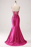 Fuchsia Mermaid Sweetheart Plissee-Langkorsett-Satin-Ballkleid mit Schlitz