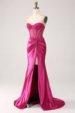 Fuchsia Mermaid Sweetheart Plissee-Langkorsett-Satin-Ballkleid mit Schlitz