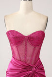 Fuchsia Mermaid Sweetheart Plissee-Langkorsett-Satin-Ballkleid mit Schlitz