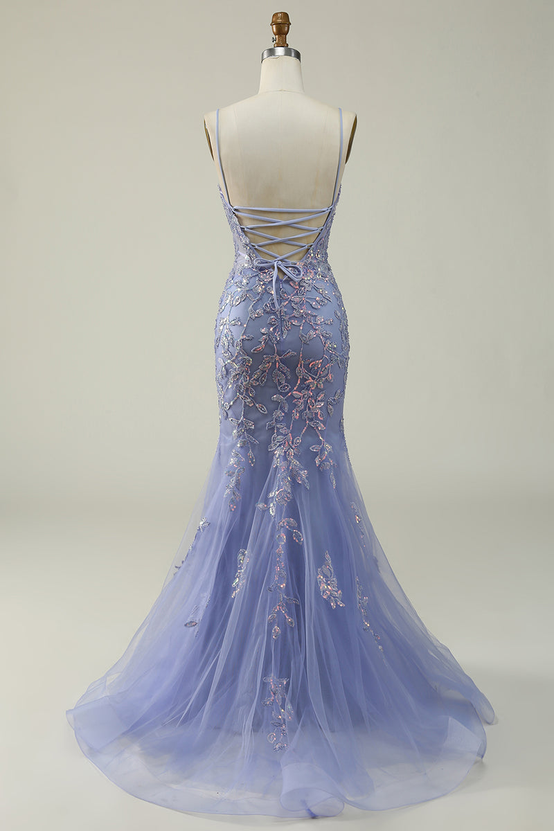 Laden Sie das Bild in den Galerie-Viewer, Meerjungfrau Lila Langes Ballkleid Rückenfreies Abendkleid