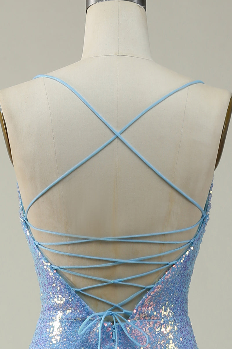 Laden Sie das Bild in den Galerie-Viewer, Blaues Pailletten-Spaghetti-Träger Meerjungfrau-Abschlussballkleid
