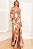 Golden Schulterträger Schwungvolle Schleppe Partykleid mit Schlitz