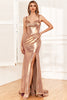 Laden Sie das Bild in den Galerie-Viewer, Golden Schulterträger Schwungvolle Schleppe Partykleid mit Schlitz