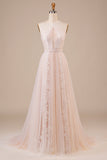Tüll Neckholder Schlüsselloch Champagner Brautkleid mit Applikationen