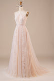 Tüll Neckholder Schlüsselloch Champagner Brautkleid mit Applikationen