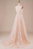 Tüll Neckholder Schlüsselloch Champagner Brautkleid mit Applikationen