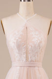Tüll Neckholder Schlüsselloch Champagner Brautkleid mit Applikationen