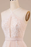 Tüll Neckholder Schlüsselloch Champagner Brautkleid mit Applikationen