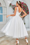 Weißes Wadenlanges Tüll Brautkleid mit Spitze
