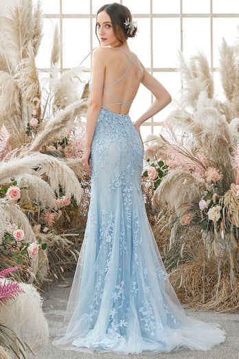 Meerjungfrau Blau Long Prom Kleid Backless Abendkleid