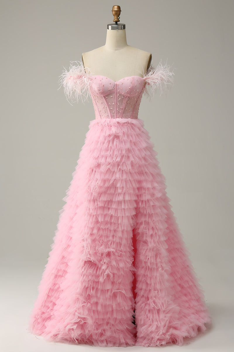 Laden Sie das Bild in den Galerie-Viewer, A-Linie schulterfreies rosa Korsett-Abschlussballkleid mit gerüschten Federn
