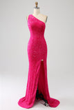 Sparkly Mermaid One Shoulder Fuchsia Pailletten Langes Ballkleid mit Schlitz