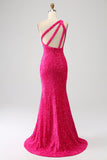 Sparkly Mermaid One Shoulder Fuchsia Pailletten Langes Ballkleid mit Schlitz