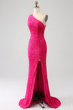 Sparkly Mermaid One Shoulder Fuchsia Pailletten Langes Ballkleid mit Schlitz