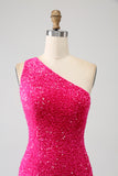 Sparkly Mermaid One Shoulder Fuchsia Pailletten Langes Ballkleid mit Schlitz