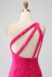 Sparkly Mermaid One Shoulder Fuchsia Pailletten Langes Ballkleid mit Schlitz