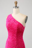 Sparkly Mermaid One Shoulder Fuchsia Pailletten Langes Ballkleid mit Schlitz