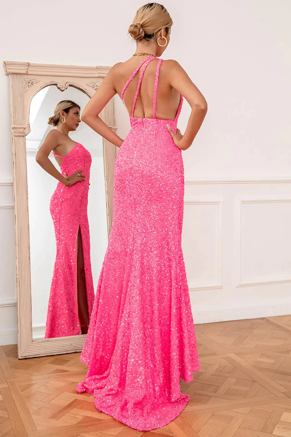 Rosa Meerjungfrau Einschulter Pailletten Ballkleid