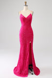 Glitzerndes fuchsiafarbenes Meerjungfrauen-Spaghettiträger-Kleid mit V-Ausschnitt Pailletten und langem Ballkleid mit Schlitz