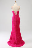 Glitzerndes fuchsiafarbenes Meerjungfrauen-Spaghettiträger-Kleid mit V-Ausschnitt Pailletten und langem Ballkleid mit Schlitz