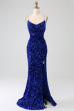 Glitzerndes fuchsiafarbenes Meerjungfrauen-Spaghettiträger-Kleid mit V-Ausschnitt Pailletten und langem Ballkleid mit Schlitz
