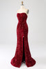 Laden Sie das Bild in den Galerie-Viewer, Rotes trägerloses Pailletten-langes Meerjungfrauen-Ballkleid mit Schlitz