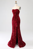 Rotes trägerloses Pailletten-langes Meerjungfrauen-Ballkleid mit Schlitz