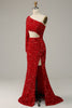 Laden Sie das Bild in den Galerie-Viewer, Meerjungfrau eine Schulter rote Pailletten ausgeschnitten Ballkleid mit Split Front
