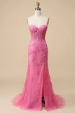 Rosafarbenes Korsett Sweetheart Lange Spitze Meerjungfrau Ballkleid mit Schlitz