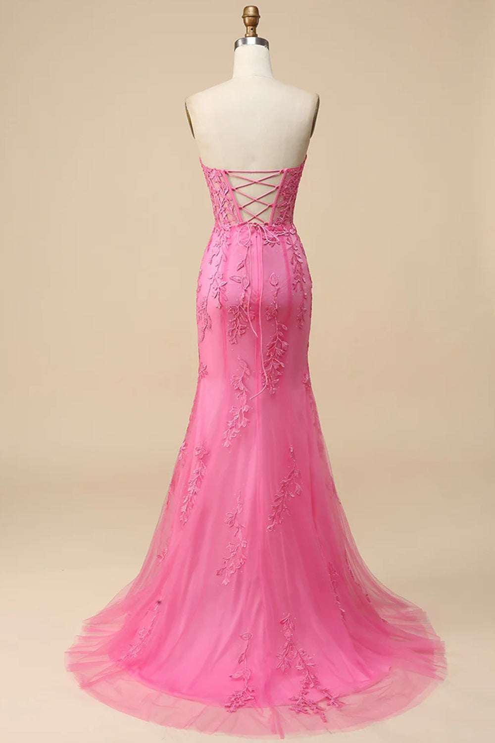 Rosafarbenes Korsett Sweetheart Lange Spitze Meerjungfrau Ballkleid mit Schlitz