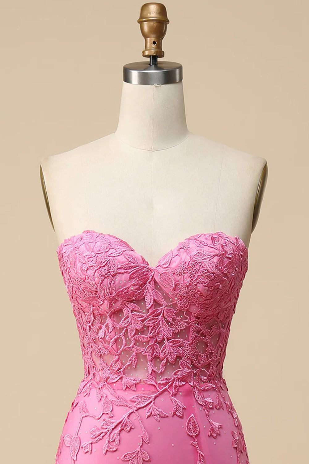Rosafarbenes Korsett Sweetheart Lange Spitze Meerjungfrau Ballkleid mit Schlitz