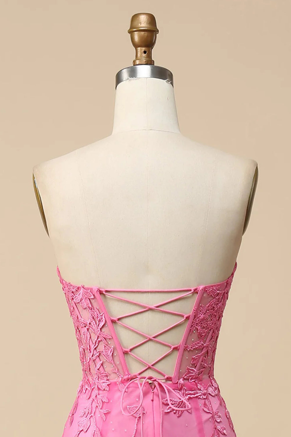 Rosafarbenes Korsett Sweetheart Lange Spitze Meerjungfrau Ballkleid mit Schlitz