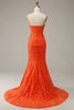Laden Sie das Bild in den Galerie-Viewer, Meerjungfrau Spaghettiträger Orange langes Ballkleid mit Split Front