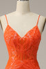 Laden Sie das Bild in den Galerie-Viewer, Meerjungfrau Spaghettiträger Orange langes Ballkleid mit Split Front