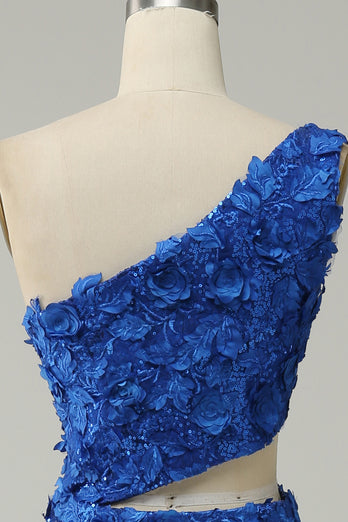 Königsblau Eine Schulter Funkelnde Pailletten Ballkleid mit 3D Blumen