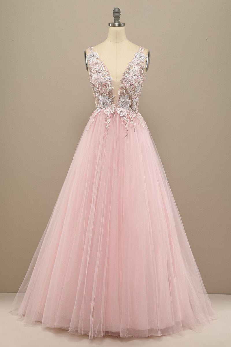 Laden Sie das Bild in den Galerie-Viewer, Wunderschönes graues/rosa Hochzeitskleid mit tiefem V-Ausschnitt und Applikationen