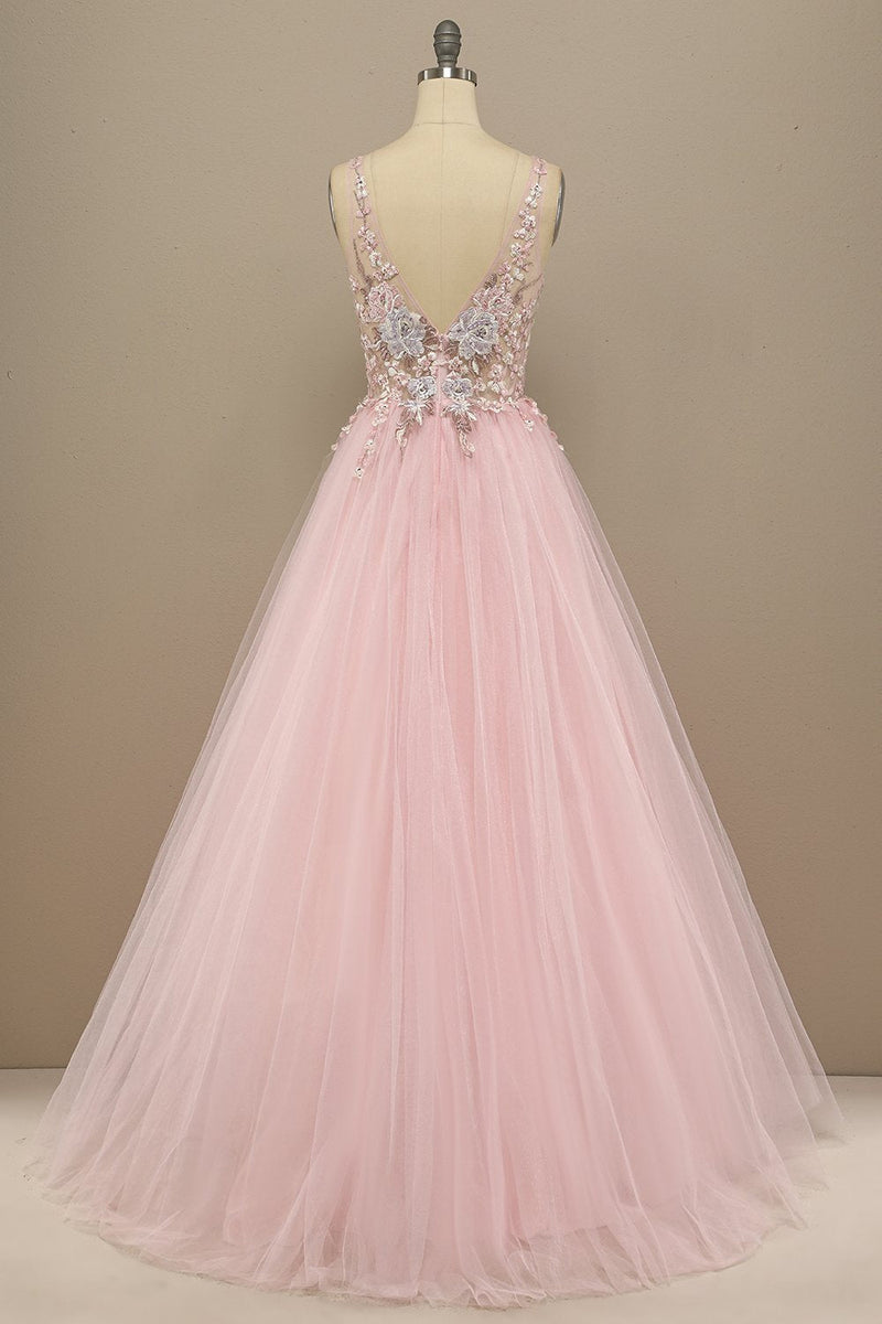 Laden Sie das Bild in den Galerie-Viewer, Wunderschönes graues/rosa Hochzeitskleid mit tiefem V-Ausschnitt und Applikationen
