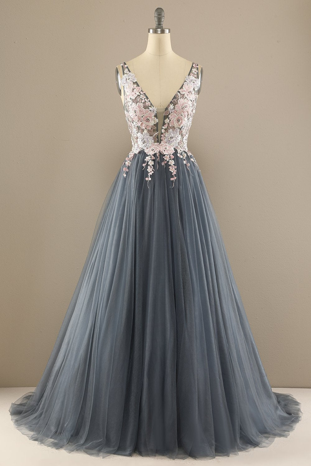 Wunderschönes graues/rosa Hochzeitskleid mit tiefem V-Ausschnitt und Applikationen